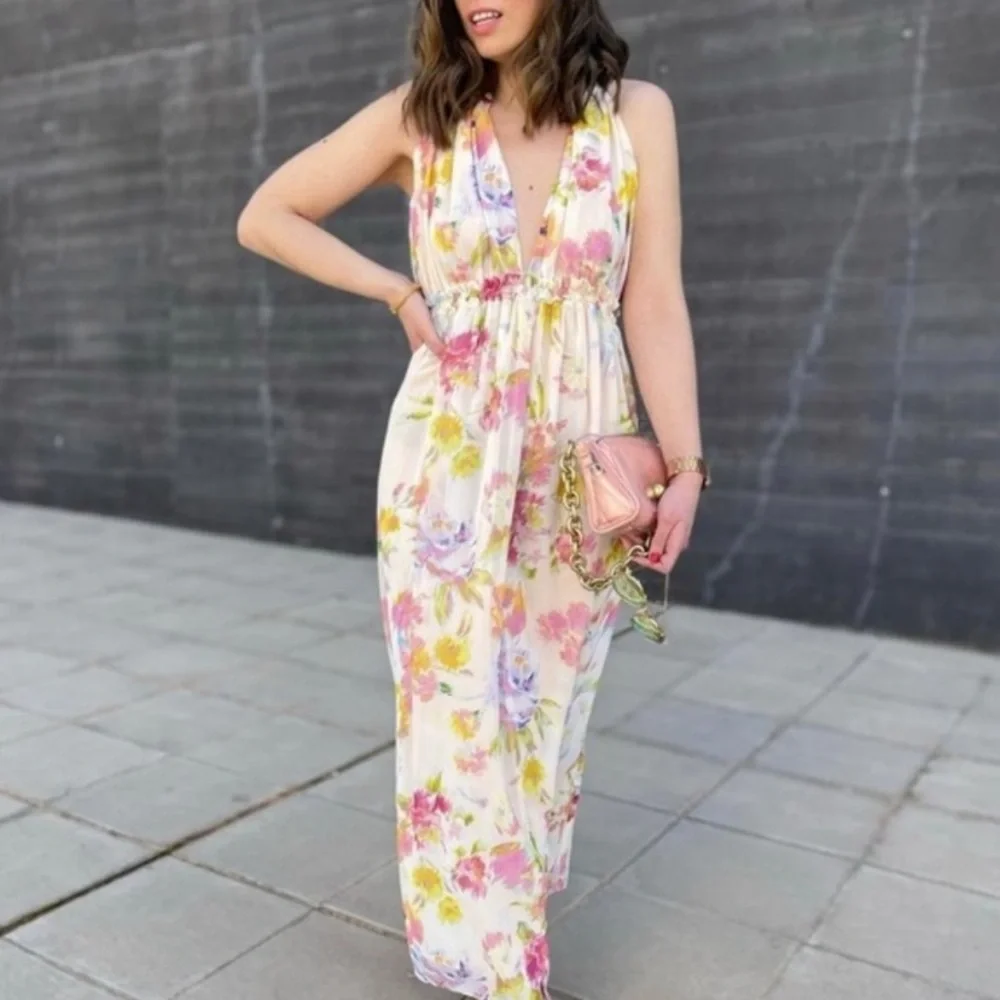 Zara Creampink long floral dress. Small 3204/168 EUC OUNK BEIGE - Picture 5 of 13